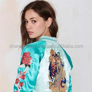 High Quality Coated Stand Collar Satin Embroidery Waterproof Windproof Bomber Jacket for Women - Product Image 2
