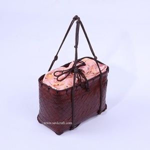 2020 Hot Trend Bamboo Handicraft Tote Bag para damas Candy Pattern Bow Decoration Cierre de doble cuerda Vintage Cotton Rattan - Product Image 4
