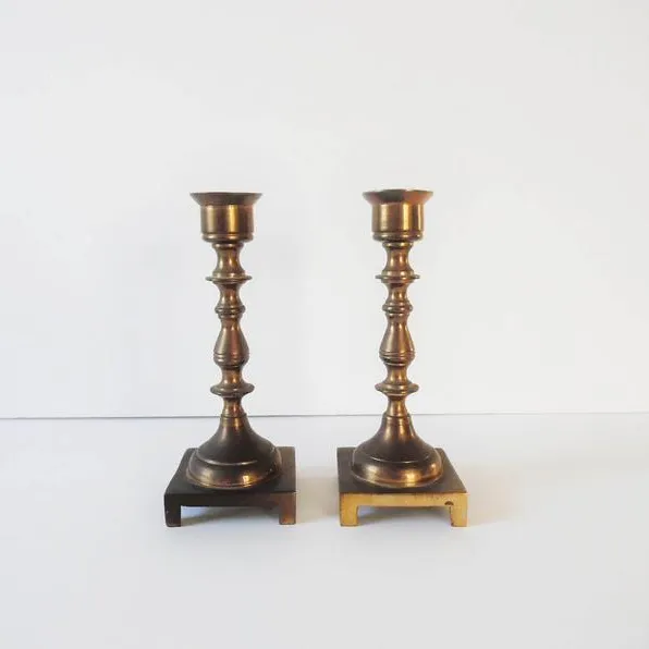 Brass Candlesticks with Diamond Decorations Two Matching Traditional Brass Candle Holders