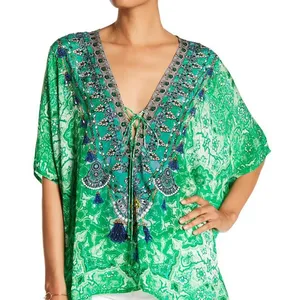 swimwear african clothing women's apparel embellished cover up indian digital print short kaftan