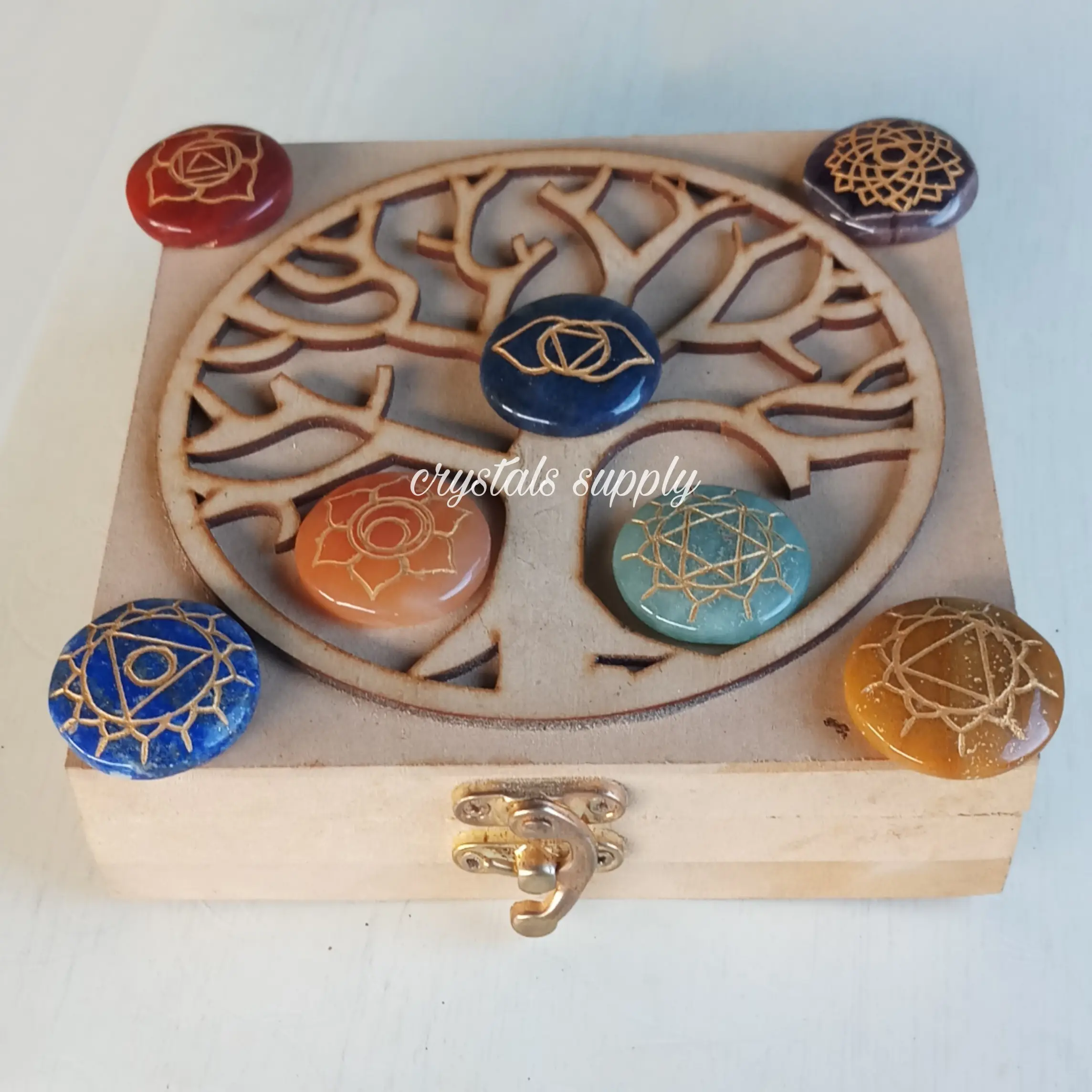 Juego de chakras con caja de regalo de madera: Juego de chakras al por mayor con caja de madera de árbol de la vida: Juego de piedras curativas: de la India