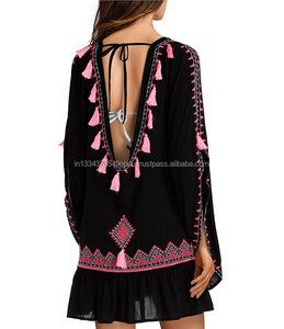 Tunique de plage Sexy et Chic pour femmes, paréo brodé de rêve, style gitane, avec des manches sans col rond et clochette - Product Image 2