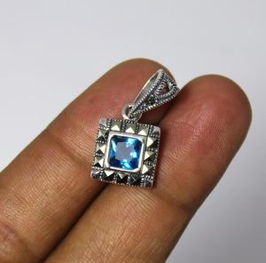 Topaze bleue en argent sterling 925 avec lunette à facettes carrée en marcassite ensemble de bijoux Memoria pierres précieuses boucle d'oreille anneau pendentif ensemble de bijoux - Product Image 2