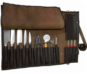 กระเป๋าใส่มีดสำหรับเชฟมืออาชีพ,กระเป๋าหนังสีน้ำตาลช็อกโกแลตแท้พรีเมี่ยมน้ำหนักเบา/มีดเชฟม้วนทำมือ - Product Image 1