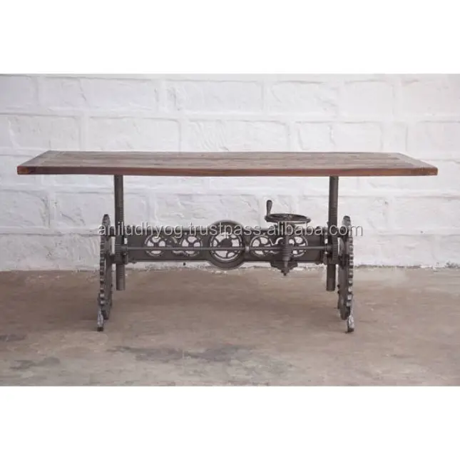 84" Industrial Crank dining table iron steam punk gears solid vintage wood top