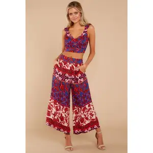 Pretty latest fashion design two piece dress off shoulder top long palazzo with digital print long jumpsuit