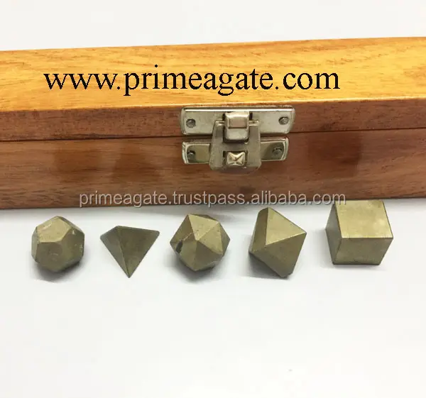 Golden Pyrite 5pcs Geometry Set With Wooden Box For Sale