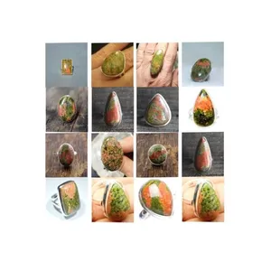 Homens mulheres rodada oval pear praça retângulo fantasia india natural unakite gemstone cabochon pedra 925 prata esterlina anel