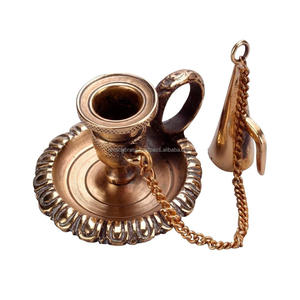 Round Base Antique <b>Brass</b> Metal Gold <b>Candlestick</b> with Snuffer Handmade - Product Image 4