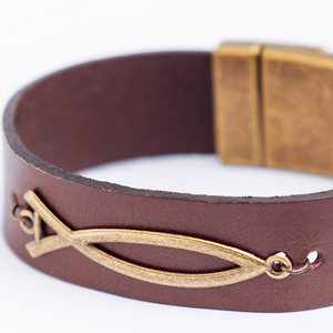 <b>Mens</b> Leather Cuff, Christian Leather Bracelet - Product Image 1