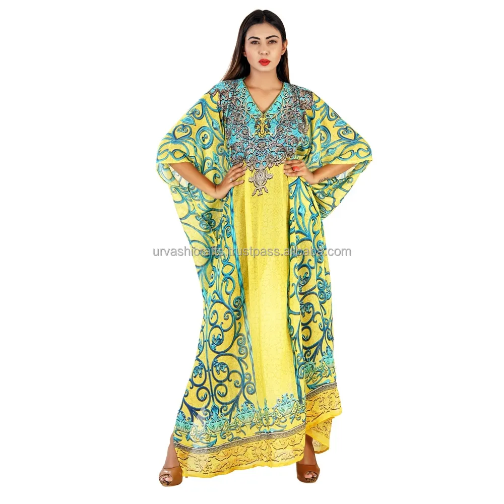 Vrouwen Dragen Multi Colour Satijn Zijde 3D Digitale Gedrukt Lange Kaftan Nieuwste Digitale Gedrukt Kaftan Voor Party Wear Jurk