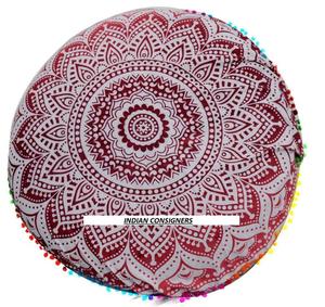 Ombre Mandala Flower Ottoman Pouf <b>Red</b> Floor <b>Cushion</b> <b>Cover</b> 32 Inch Home Decor Round 100% Cotton Pouffe By Indian Consigners - Product Image 3