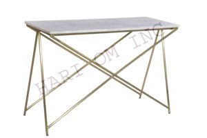 Mobilier industriel, table console moderne et classique avec dessus en marbre blanc naturel et pied en fer finition dorée - Product Image 3