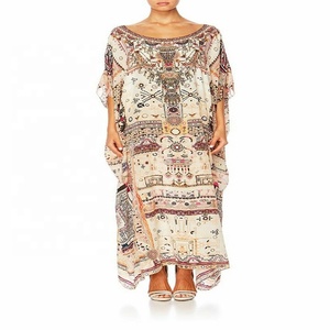 Impresión Digital larga en pura seda satén vestidos Kaftan caftán - Product Image 2