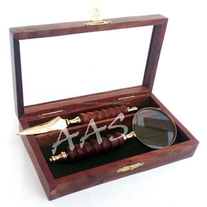 Nautical Antique Wooden Handle Letter Opener & 6" Brass <b>Magnifying</b> <b>Glass</b> in <b>Glass</b> Top Box Brass <b>Magnifying</b> Calvin Handicraft - Product Image 4