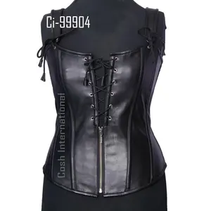 COSH CORSET Overbust Steelboned Waist Training Black Leather Corset With Front Laces Steampunk And Gothic Corset Vendors