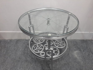 Modern Industrial <b>Glass</b> Metal Nesting <b>Side</b> <b>Table</b> Set with Decorative Gear Shelf Round Accent Furniture for Stylish Home Interior - Product Image 2