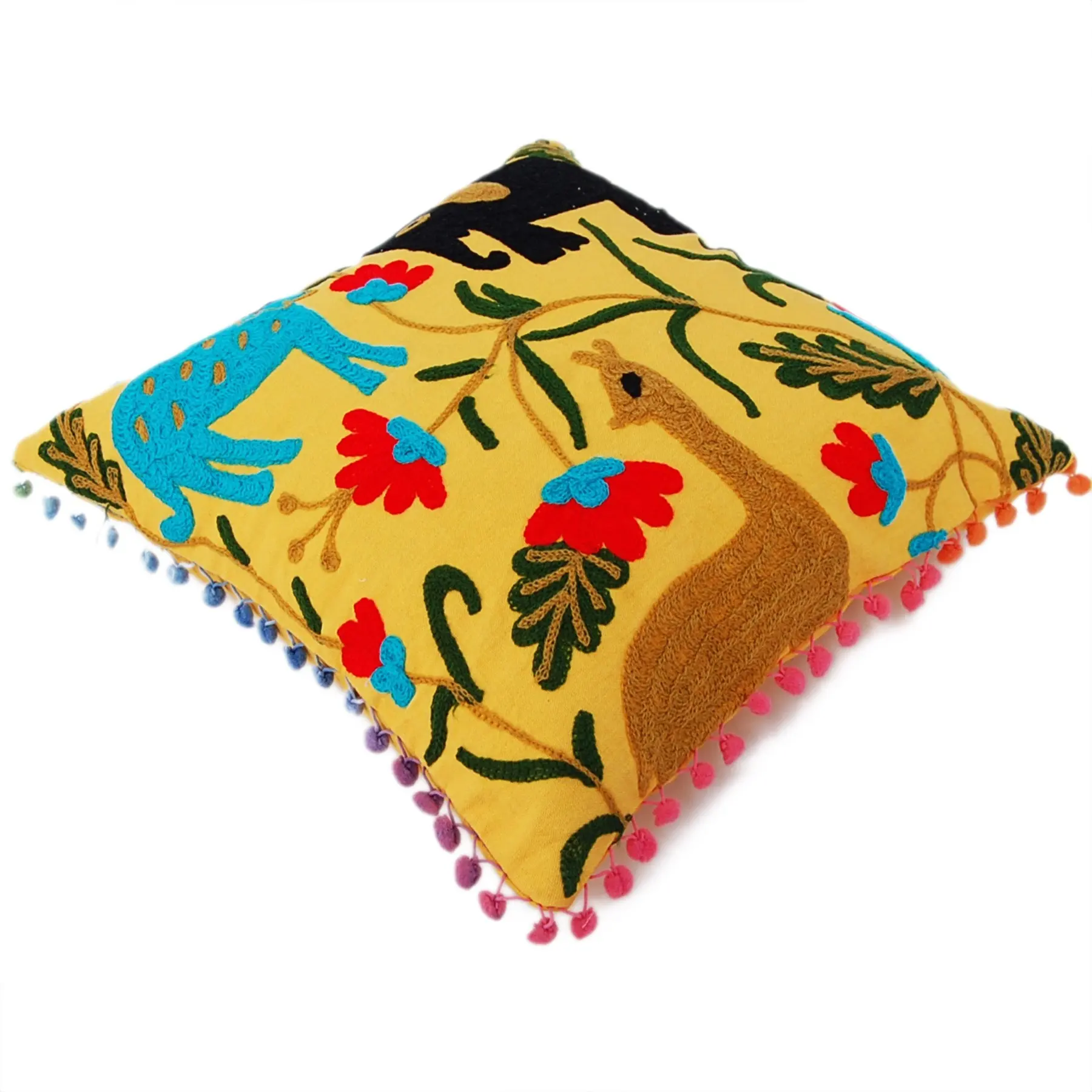 인도 침구 면 던지기 베개 케이스 수제 모직 수자니 자수 옐로우 스퀘어 트로피컬 쿠션 커버 도매