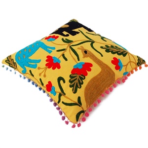 Handmade Woolen Suzani Embroidery Yellow Square Cushion <b>Cover</b> Indian Bedding Tropical Throw <b>Pillow</b> Case Animal Pattern Wholesale - Product Image 1