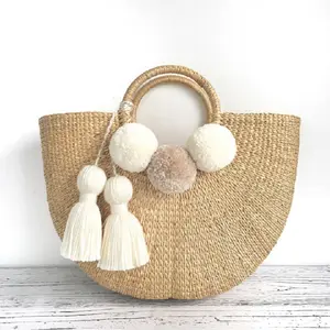 巴厘岛草编包，带绒球手工编织垫，带绳子手袋，用于沙滩海草水葫芦袋手工制作产品