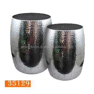 Mesa de centro de forma redonda niquelada de aluminio y metal, mesa de tambor de aluminio, mesa auxiliar martillada resistente - Product Image 5