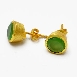 Round Cut Prehnite Chalcedony Gemstone 925 Sterling <b>Silver</b> Gold Plated <b>Stud</b> <b>Earrings</b> Wholesale Jewelry Whole Sale Manufacture - Product Image 2