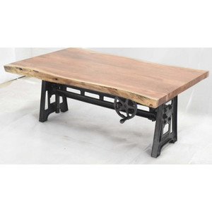 Table basse industrielle rétro réglable à manivelle mécanique lourde avec plateau en bois d'acacia à bord vivant - Product Image 4