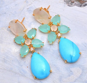 Maravillosa joyería de boda, Plata de Ley 925 chapada en oro, Natural hecha a mano, múltiples piedras preciosas, colgante, pendiente de mujer a bajo precio - Product Image 2