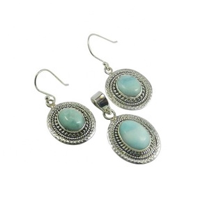 Larimar-Conjunto de pendientes y pendientes de plata de ley 925, joyería hecha a mano, para mujeres - Product Image 1