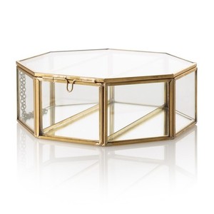 Glass & Brass Jewelry <b>Box</b> Octagonal With Lid Modern Design 1 Layer Hinged <b>Storage</b> Container - Product Image 1