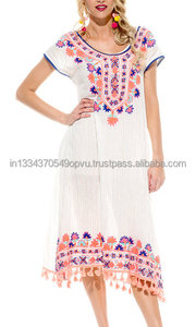 ชุดเดรสชายหาดสไตล์โบฮีเมียนของผู้หญิงประดับด้วยผ้าลูกไม้หลากสีคอเสื้อกว้างแขนสั้นพู่สดใส - Product Image 2