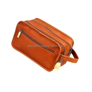 Best handmade tan leather cosmetic bags with 2 compartments with easy carry handle