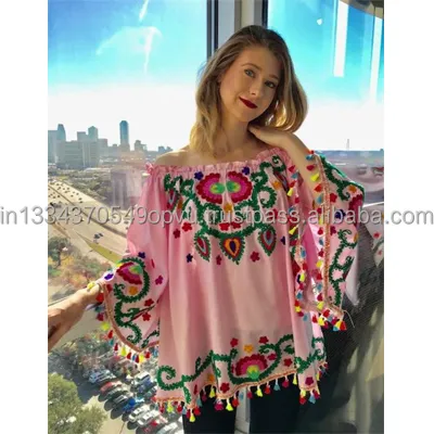 Vintage Fluorescerende Bloemen Borduren Poncho Blouse Dames Mode Batwing Mouw Witte Kwastje Lace Up Cover Up Boho Vakantie Top