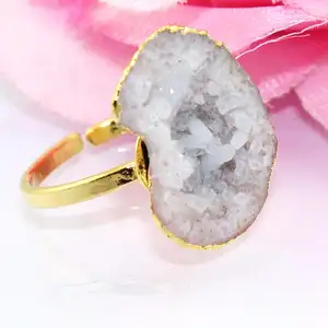 Wholesale fashion jewelry natural white geode druzy adjustable ring brass yellow gold electroplated edged for women wear rings