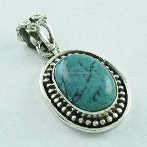Pendentif ovale en pierre Turquoise pour femmes, bijoux en argent Sterling 925, fournisseur indien - Product Image 2