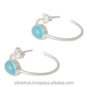 925 Sterling Silver <b>Beautiful</b> Dangle <b>Earring</b> for Girls Natural Aqua Chalcedony Round Brilliant Cut Gemstones Hoop Design <b>Earring</b> - Product Image 1