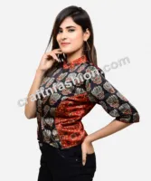 Designer Gaji Silk Indo Western Top - Ajrakh Print - Indo Western Blouse Top - Lotus Print - Indian Fashion Wear Blouse