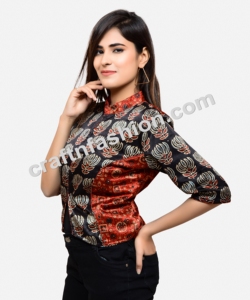 Diseñador Gaji Silk Short Indo Western Blusa Top-Ajrakh & Lotus Print Indian Fashion Wear - Product Image 1