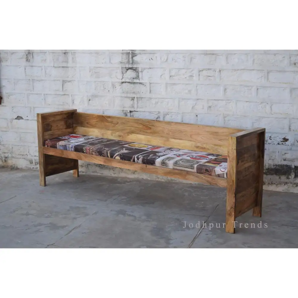 Industriële Mango Houten Bank Met Bedrukte Stof Seat Sofa Stoel/Vintage Design Bench