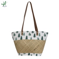 Tas Tote Kasual Jerami Alami Desain Baru Buatan Tangan Gaya Bohemian Dua Pegangan Terbuka Bordir Wanita Hiasan Bunga Manik-Manik Huruf