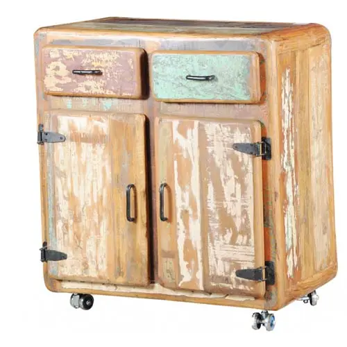 Rustic industrial solid reclaimed old wood & iron 2 door and 2 drawers storage cabinet with wheels