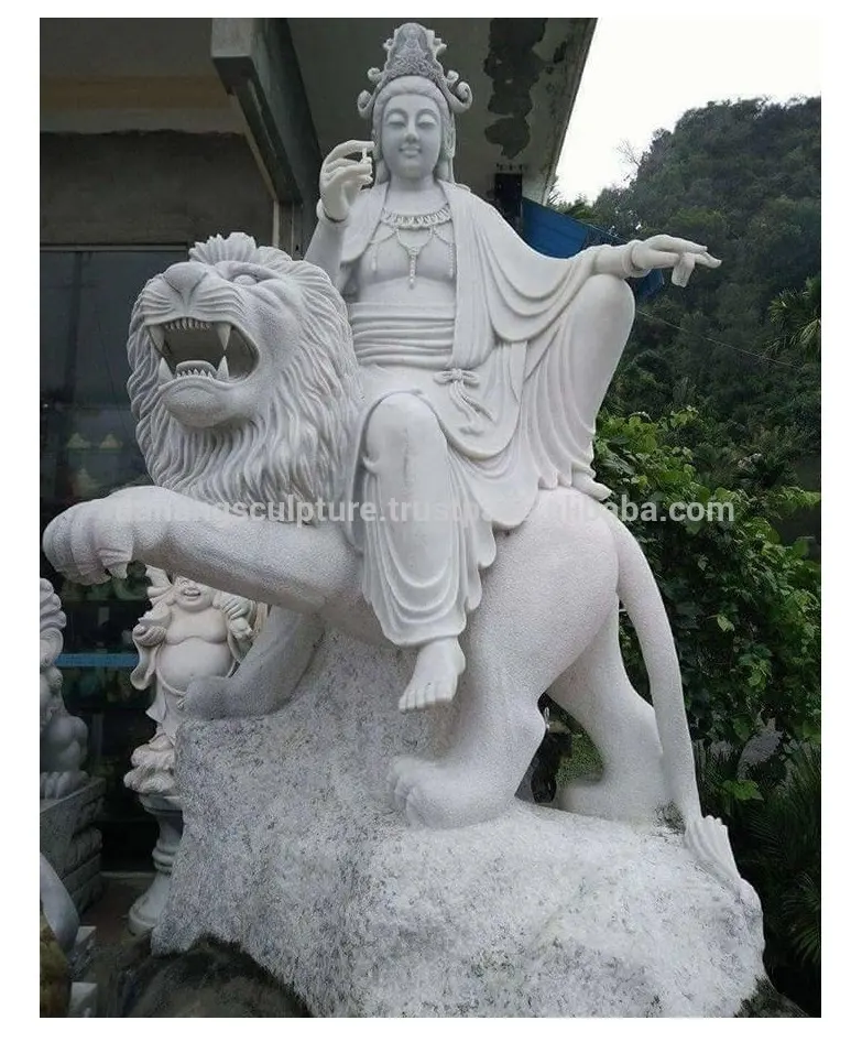 Statue de bouddha en marbre naturel du Vietnam, statue de bouddha assis sur un lion, décoration de jardin
