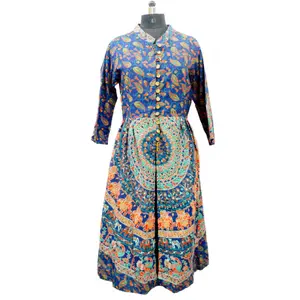 Indische handgemachte Baumwolle Hippie Mandala Kleid Bohemian Boho Hippie Zigeuner Front Knopf Kleid