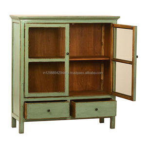 Aparador Rústico Vintage de Roble Antiguo con Dos Puertas de Vidrio y Dos Cajones, Mueble de Almacenamiento de Madera Maciza con Acabado Desgastado para el Hogar - Product Image 2