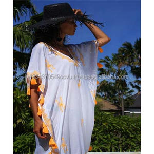 Hot Sexy Looking Beach Wear Rayon Embroidered Kaftan <b>Dress</b> With Handmade Tassel Hem High Quality <b>Swimming</b> Bikini Cover Up Tunic - Product Image 1