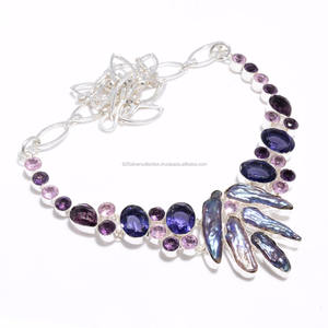 Gargantilla de plata 925 con perlas de Biwa y piedras de amatista, collar de boda con estilo - Product Image 2