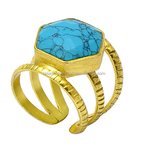 Anillo de Plata de Ley 925 con Turquesa Corte Hexagonal, Bañado en Oro, con Engaste Fino, Moderno, para Regalo de Boda o Fiesta, para Mujer - Product Image 2