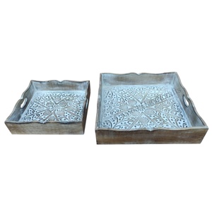 Top Trending Rectangle Hand Carved <b>Wooden</b> Beverages Drinks Serving Tray Set of 2 with Handles Solid Quality for Hotels - Product Image 1