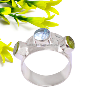 Peridoto, anillo hecho a mano con piedras preciosas de Topacio Azul, anillo de Plata de Ley 925, anillo de moda Chapado en plata de forma redonda para Unisex - Product Image 1