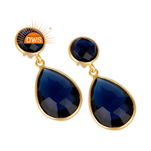Designer Yellow Gold Plated Silver Earrings Blue Corundum Gemstone Earrings Jewelry Manufacture - Product Image 2